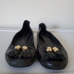Tory Burch Reese Flat Mestico Black Leather Flat Ballet Tassels Shoes Size 8 /39